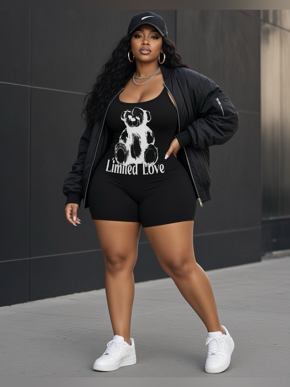 Black Ribbed “Limited Love” Romper Stretchy Streetwear | Size XL